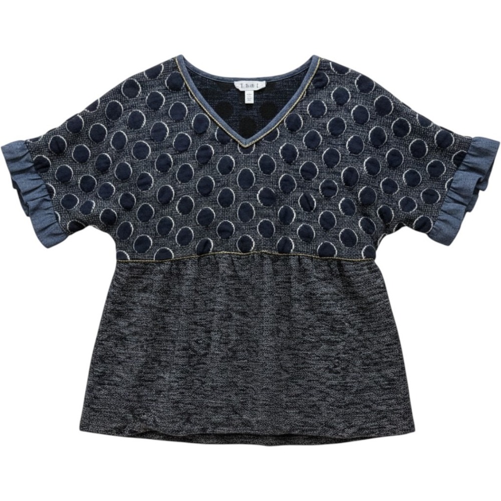 THML Womens Medium Blue Polka Dot Textured V Neck Ruffle Sleeve Sweater Top